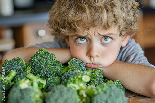 Disgusted young boy turning away from a pile of broccoli: A child's distaste for healthy eating captured in a single image.