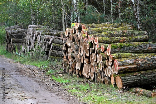 Stos świeżo ściętych kłód drzew liściastych