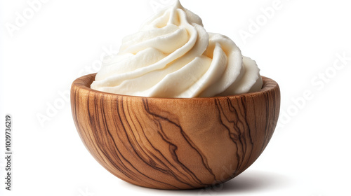 "Top view of sour cream or yogurt in a glass bowl, isolated on a white background, showcasing full depth of field."