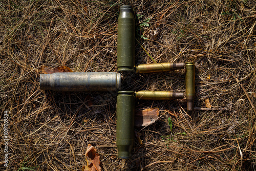 Shot ammunition, some shell casings of different types, no combat element in dry grass. Close-up color horizontal photo.