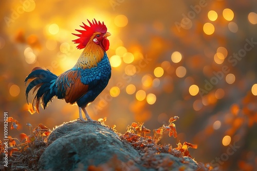 Gallo Colorido Cantando al Amanecer en un Campo Rural Gallo de plumaje colorido con la cresta roja vibrante, cantando sobre una valla de madera en un campo rural.