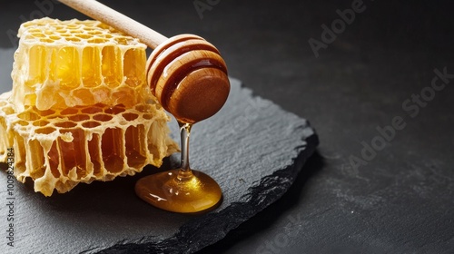 A close-up of dripping honey from a wooden dipper onto a honeycomb on a dark stone surface