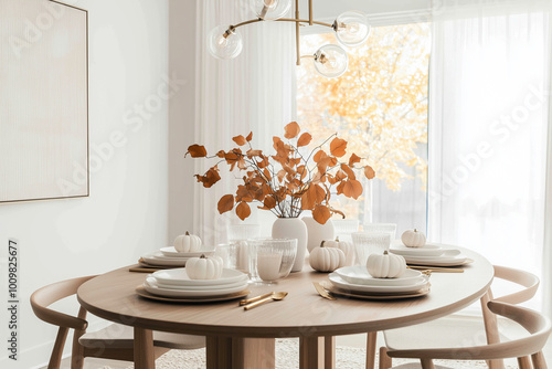 Modern dinning room table with silverware and stylish yellow fall leaves decorations. Concept of fall decor, seasonal festivities, interior decoration