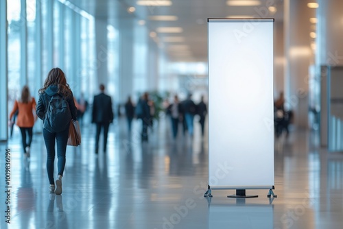 Roll up, blank banner in the lobby of a business center. White sheet of advertising inside the premises with blurred people in the background. Roll up mockup.