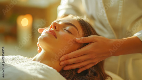 Beautician is giving a calming face massage to a young woman at a wellness spa