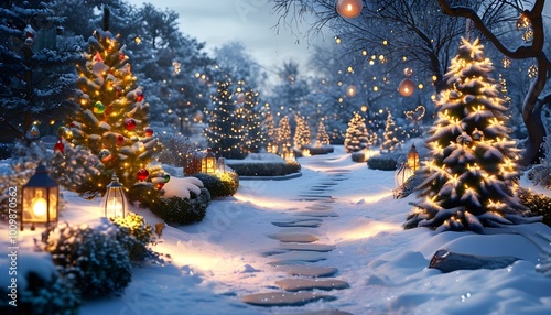 A serene winter path lined with glowing Christmas trees and lanterns, creating a magical festive ambiance amidst softly falling snow.