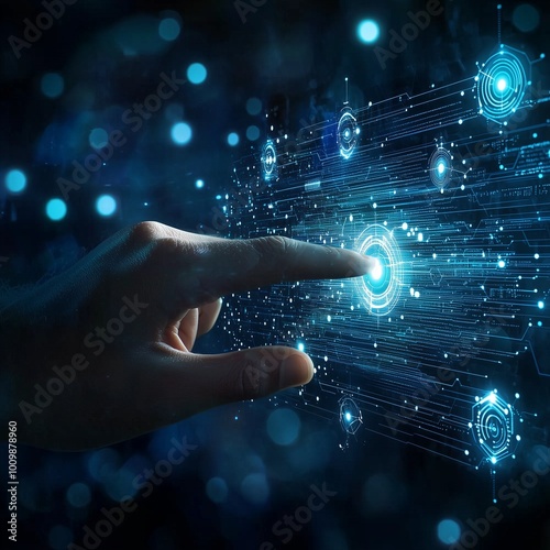 Hand touching modern interface digital transformation and metaverse concept. connection next generation technology and new era of innovation.