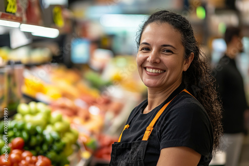 A middle-aged Brazilian female cashier, with a warm smile, stands at her checkout station, making customers feel at home. The vibrant supermarket backdrop features fresh goods and cheerful shoppers,