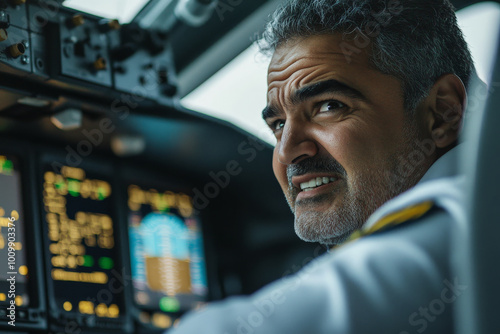 A middle-aged Arabian pilot making a comedic panic expression while looking at the navigation screen. His humorous demeanor lightens the otherwise tense cockpit atmosphere.