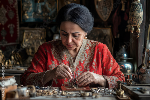 A middle-aged Arabian woman delicately working on a vintage pendant in her immaculate workshop, surrounded by antique jewelry tools and classic pieces, capturing the timeless elegance of her craft.