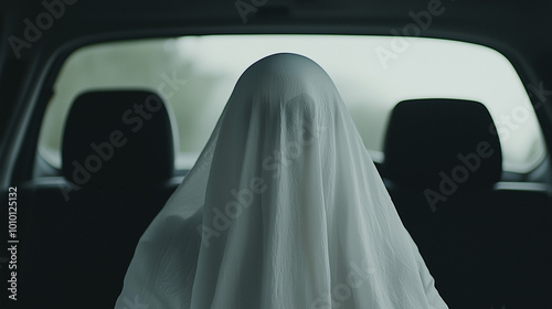 Ghost in the Backseat: Eerie mystery unfolds as a ghostly figure shrouded in white fabric sits in the back of a car, creating a chilling atmosphere of suspense and the unknown.