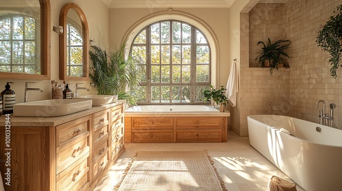 Wooden vanity cabinets with dual sinks and arched mirrors, designed in a bright, minimalistic bathroom