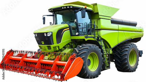 Green Combine Harvester with Red Cutting Head Ready to Harvest Crops