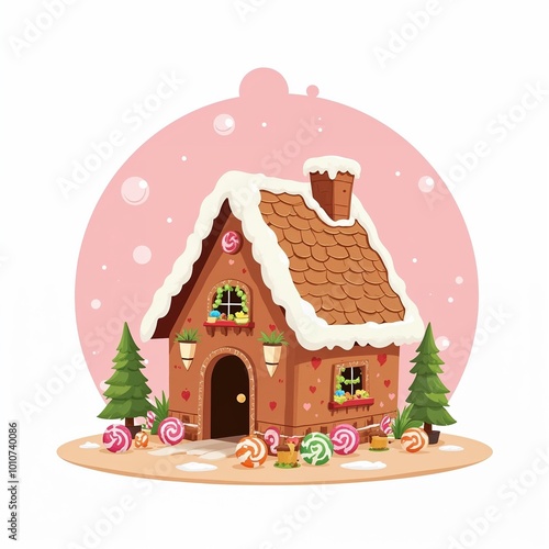 Whimsical gingerbread house with candy decorations and trees, set against a pink backdrop 