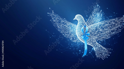 A flying pigeon holding a ribbon of hope in its beak, symbolizing awareness month. Polygonal design of interconnected lines and points. Blue background.