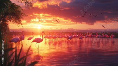 Flamingos gather in an African lake during sunset, forming a stunning wildlife landscape. 