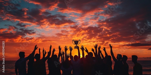 triumphant team celebrates under a glowing sunset, with numerous silhouetted hands and a trophy held high, symbolizing victory, teamwork, and success