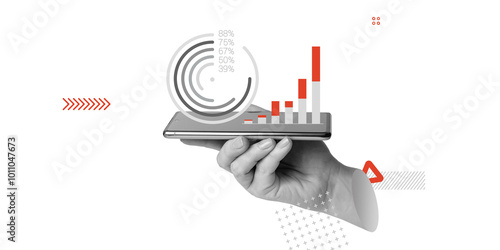 Hand holding smartphone displays data visualizations, including histogram and pie chart. Analytics, digital transformation and increasing use of mobile technology in business. Minimalist art collage