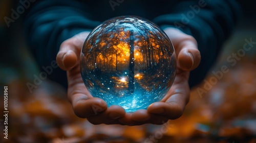 Fortune teller holding crystal ball with autumn forest inside