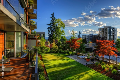 Apartment View. Outside Balcony with Lovely Greenery, Blue Sky and Tree