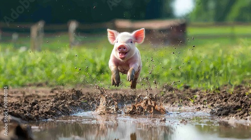 A joyful pig leaps through muddy water, showcasing its playful nature in a vibrant green farm setting.