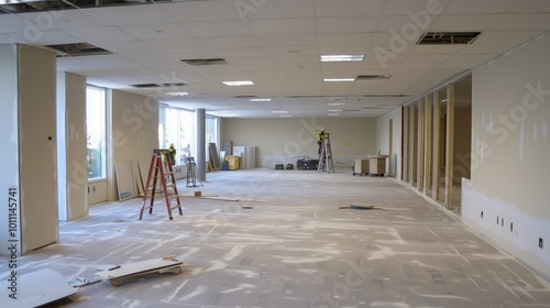 Construction workers renovating large empty office space