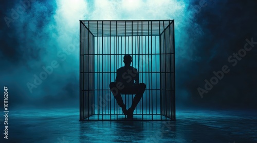 A somber image depicting a person sitting in a cage, surrounded by mist and shadows, symbolizing confinement and isolation.