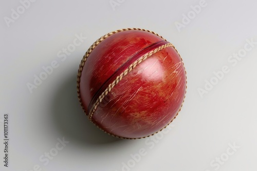 A close-up of a traditional red cricket ball with stitching details resting on a light surface