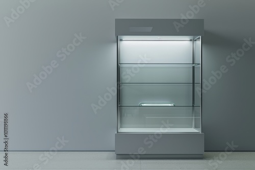 Minimalist glass display case with ambient lighting in a modern interior space