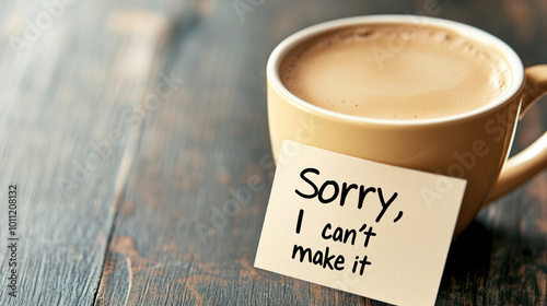 Apology Note 'Sorry, I can't make it' with Coffee Cup on Wooden Table Expressing Regret, AI