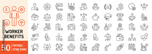 Worker Benefits editable stroke outline web icons set. Health insurance, social security, career, pay raise, bonuses, paid vacation, pension and paid vacation. Vector illustration