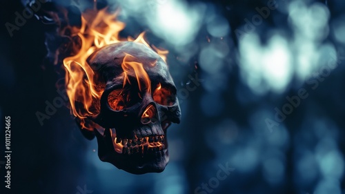 Brennender Totenschädel: Gruseliger Totenkopf in Flammen. Feuriger Schädel für Halloween, Gothic-Design. Unheimliches Horrorkonzept. Dunkle, mystische Atmosphäre