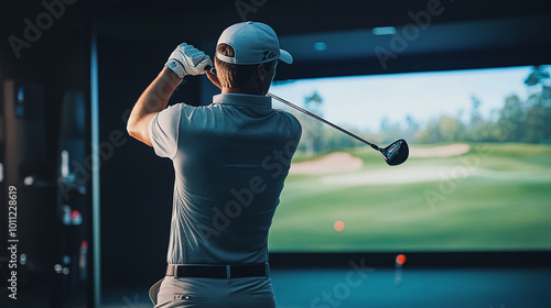 professional male golfer playing golf indoors in a golf simulator with a training field screen