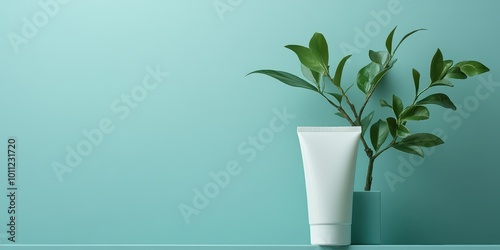 A clean and modern arrangement featuring a skincare tube and green plant against a soothing teal background.