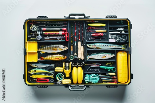 Organized fishing tackle box displaying various tools and bait on a clean surface