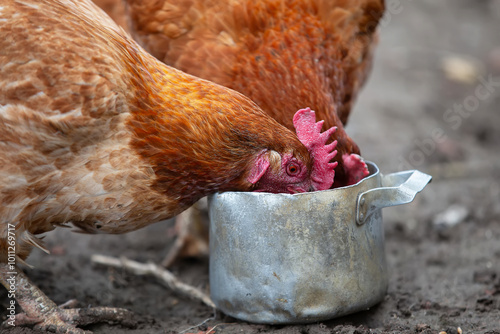 Chickens peck grains from a metal bowl in a farmyard.