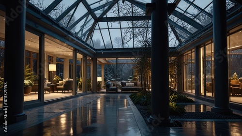 A modern home with a glass atrium and a courtyard with plants and a reflecting pool.