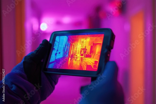  Close-up view of an infrared thermal camera screen showing a vibrant heat map of a room, highlighting temperature variations for scientific or inspection purposes.