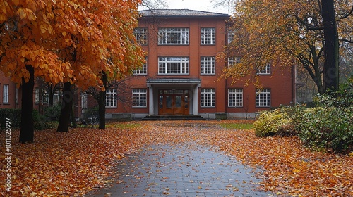 Autumn leaves blanket a walkway leading to a brick building on a rainy day in a tranquil urban park