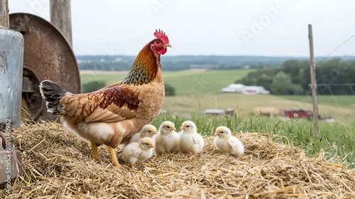 A serene scene capturing a mother hen with her chicks nestled in fresh straw, surrounded by rustic farm equipment and rolling farmland in the background. The photograph emphasizes the nurturing