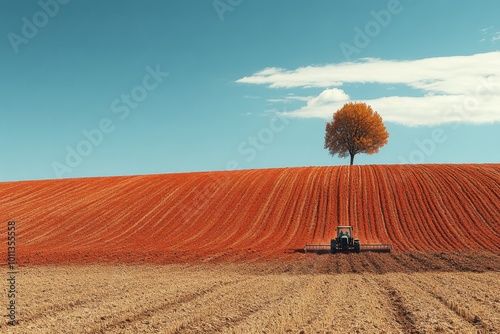 Autumn Harvest: Tractor in Vibrant Orange Field Under Lone Tree