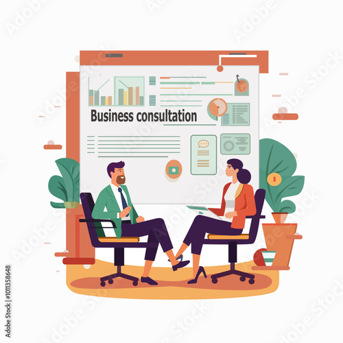 Business consultation. Vector illustration of a business support and consulting service. A man and a woman are talking about business topics.