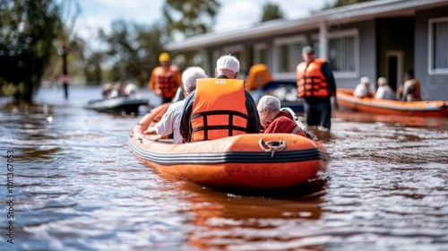 Rescue teams assisting elderly people out of a flooded nursing home, boats waiting outside, Flood evacuation for elderly, disaster compassion