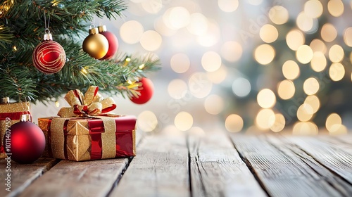 Christmas tree with ornaments and presents, warm festive background.