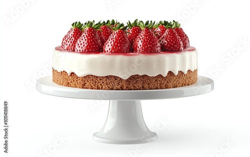 Strawberry cheesecake on a white cake stand.