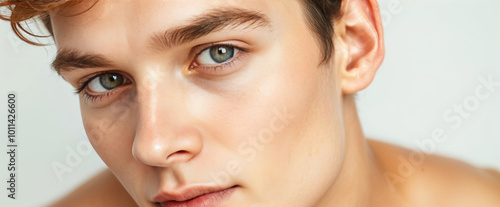 close-up portrait of young handsome boy with well-groomed skin and bright blue eyes clean look light brown hair charming smile