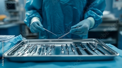 A surgical nurse preparing instruments and supplies on a tray, with focus on meticulous organization in the operating room