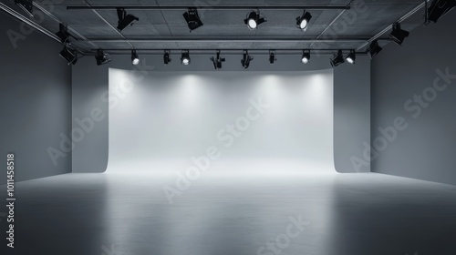 Minimalist studio setup with a smooth grey floor seamlessly transitioning into a white cyc wall dramatically lit by overhead spotlights creating a subtle gradient effect