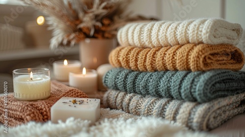 A cozy flatlay of soft, knitted blankets and pillows in neutral tones, with lit candles creating a warm and relaxing ambiance, perfect for a hygge-inspired lifestyle