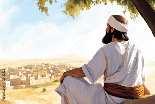 Illustration of Jonah sitting under a tree, gazing over a city, symbolizing reflection, prophecy, and repentance in the biblical story of Jonah and Nineveh.